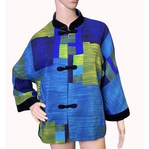 Vintage Wool Blend Geometric Print Jacket With Mandarin Collar & Frog Closure